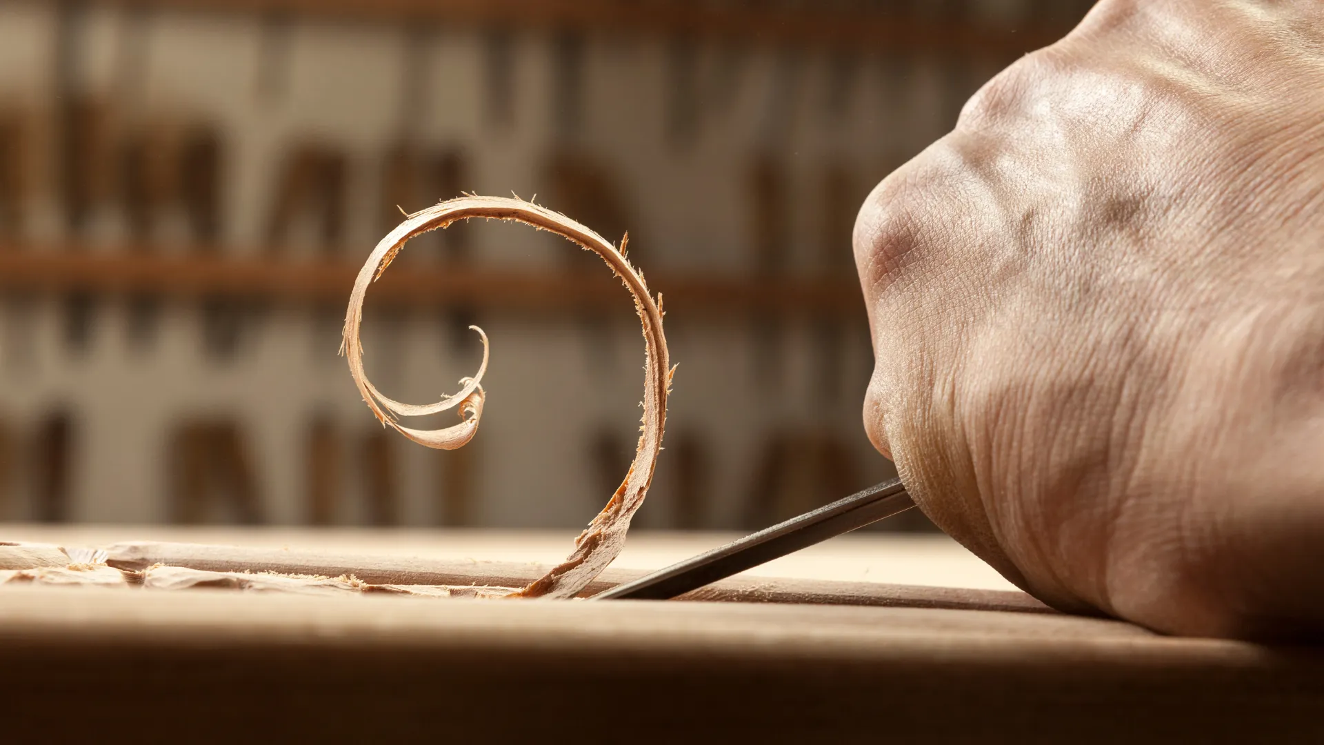 A close-up of a craftsman carving the Best Wood for Carving, creating smooth wood shavings with a chisel.