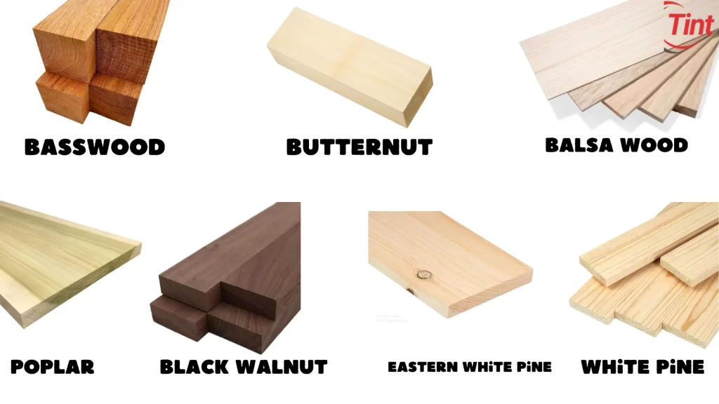 A selection of the Best Wood for Carving, including basswood, butternut, and black walnut, perfect for woodworkers.