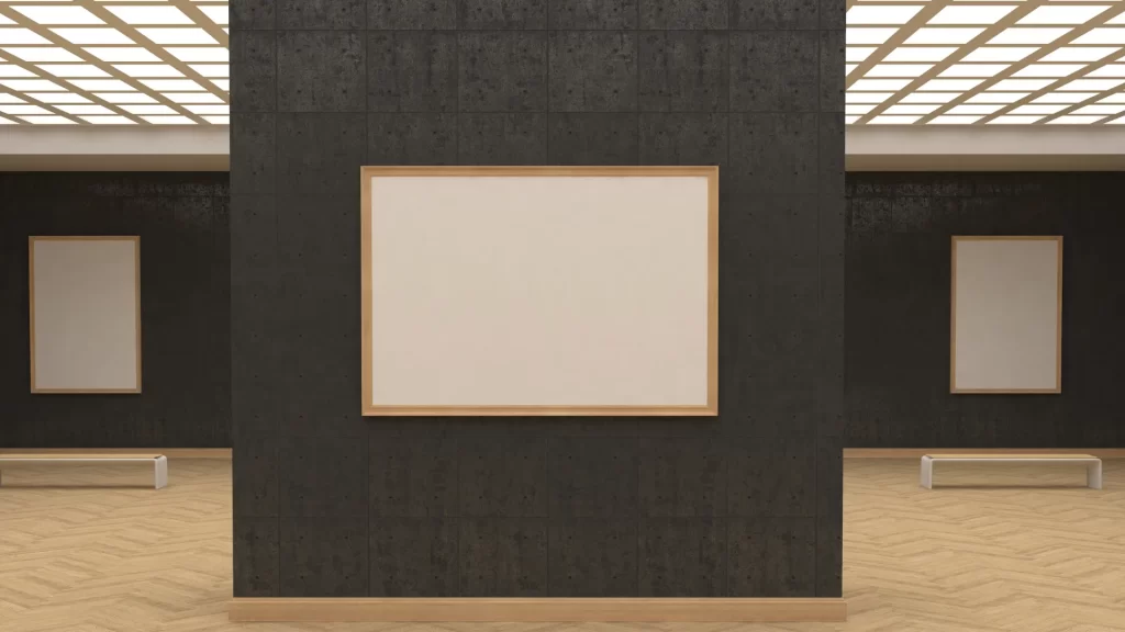 A large wooden-framed Minimalist Aesthetic Wall Art piece in a modern gallery with dark walls and wooden flooring.