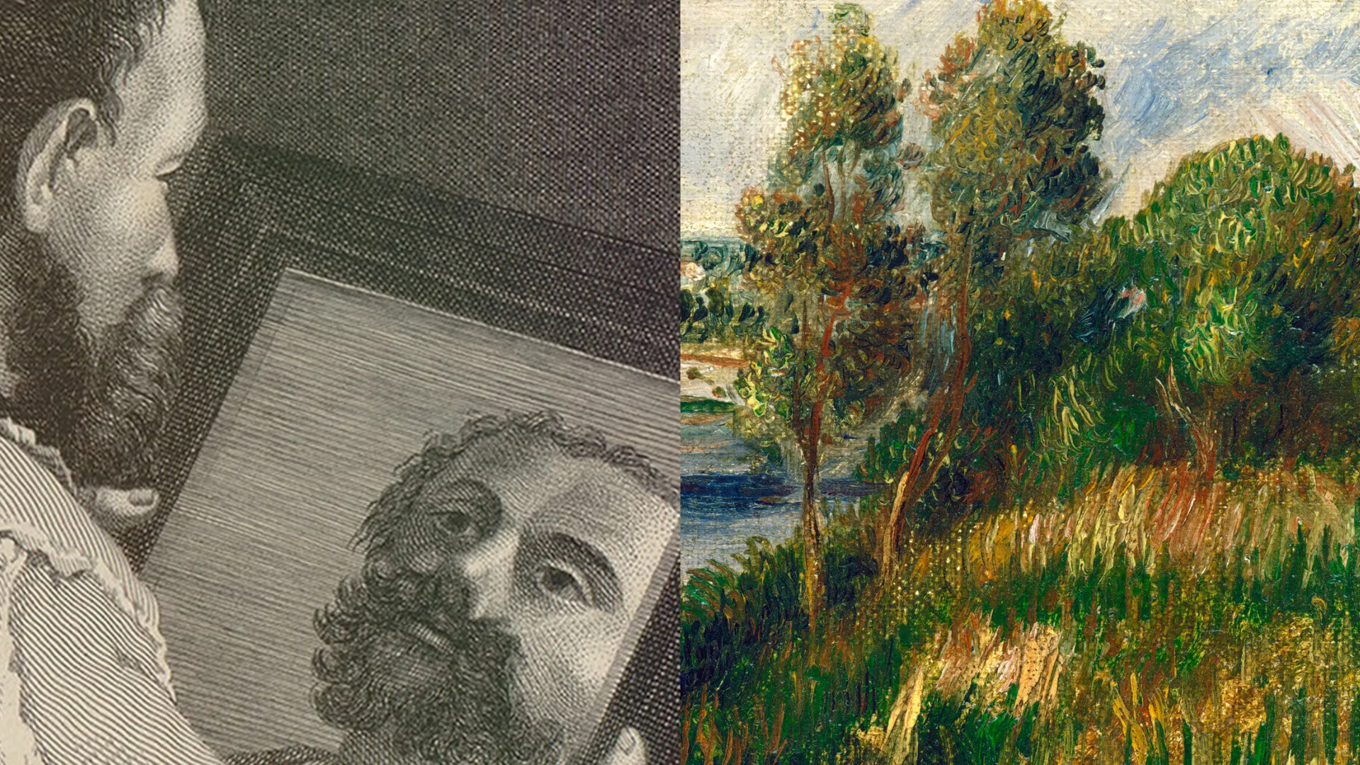 A side-by-side comparison of a realistic portrait engraving and an impressionist landscape, illustrating the contrast in realism vs. stylized wood art.