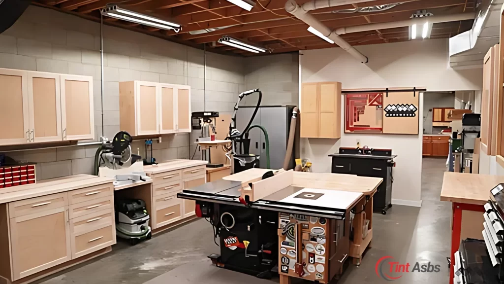 Modern wood shop layout setup with organized storage, tablesaw, and woodworking tools.