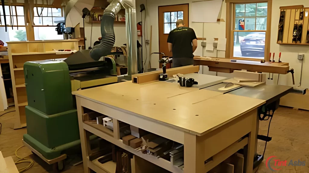 Wood shop layout setup showing planer and cutting station with clear workspace