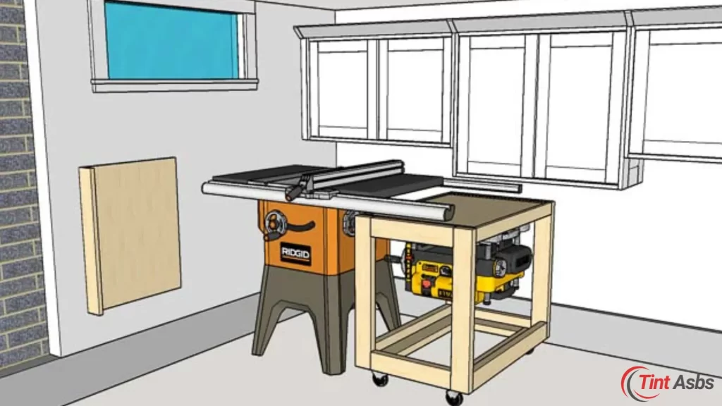 Wood shop layout setup design with neatly arranged tools, tablesaw, and workstation