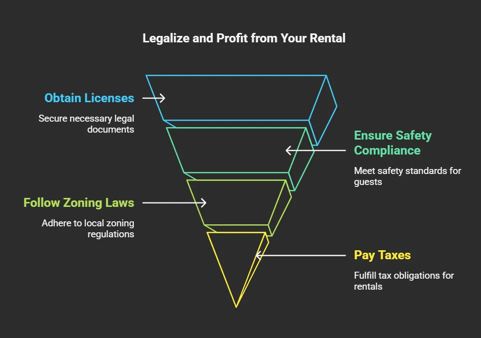  Infographic showing steps for legalizing and profiting from short term rentals, including obtaining a business license.